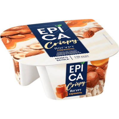 Йогурт с карамелью  Epica Crispy смесь из семян подсолнечника и орехов в карамели 10,2%