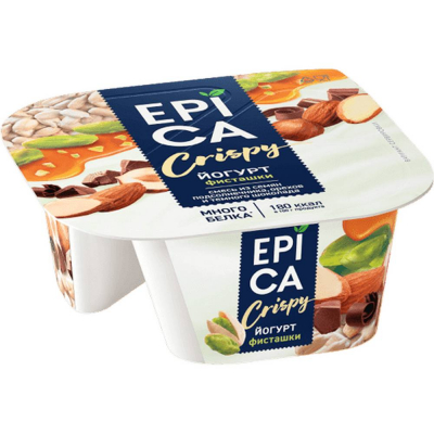 Йогурт с фисташками Epica Crispy смесь из семян подсолнечника, орехов и темного шоколада 10,5%