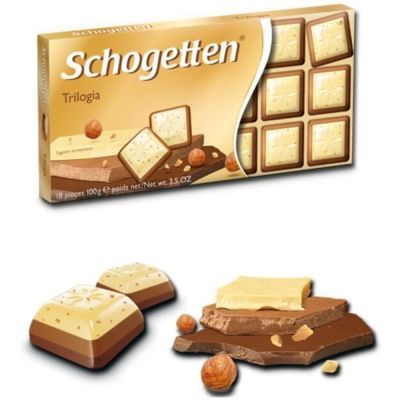 Шоколад Schogetten Trilogia белый с грильяжем и фундуком, молочный с джандуей и фундуком, молочный