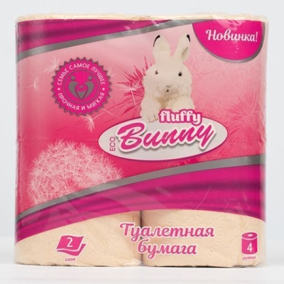 Туалетная бумага Fluffy Bunny Eco 2 слоя 4 рулона персиковая