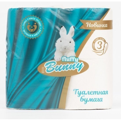 Туалетная бумага Fluffy Bunny 3 слоя 4 рулона белая