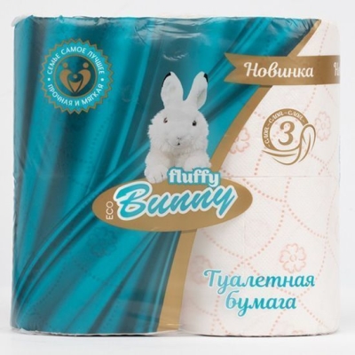 Туалетная бумага Fluffy Bunny 3 слоя 4 рулона персиковая