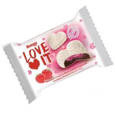 Бисквит шоколадный Saray Love It покрытый белой глазурью с кокосовой стружкой и малиновым кремом внутри