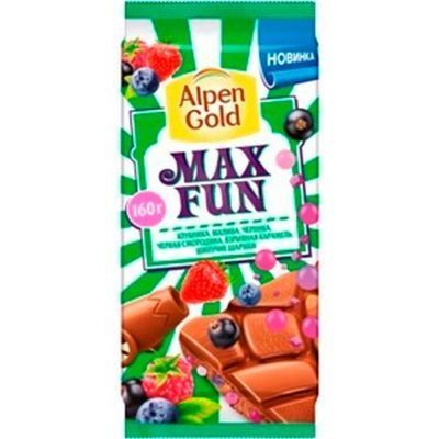 Шоколад молочный Альпен Гольд МаксФан клубника, малина, черника, черная смородина, шипучие шарики