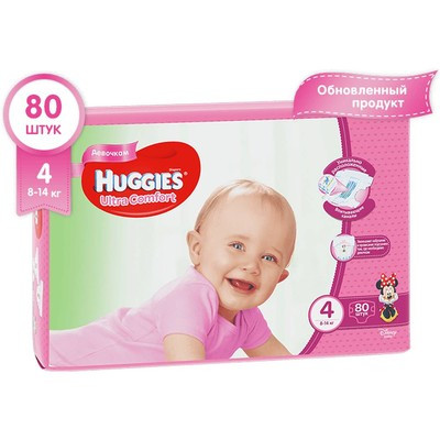 Подгузники Huggies Ультра Комфорт для девочек (4) 8-14 кг 80шт