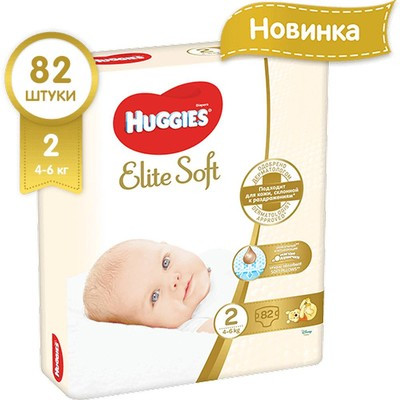 Подгузники Huggies Элит Софт(2) для новорожденных 4-6кг, 82 шт