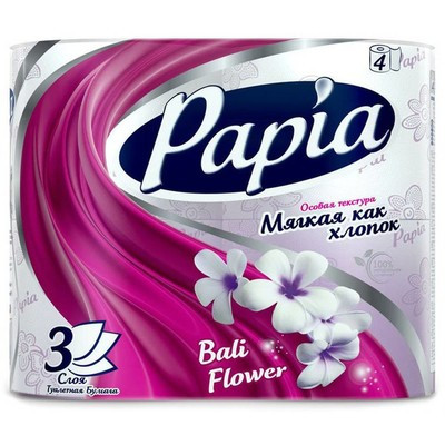 Туалетная бумага Papia Цветы Бали 3-х слойная, 4 рулона