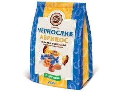 Конфеты Микаелло Чернослив и абрикос в белой и темной шоколадной глазури с орехами