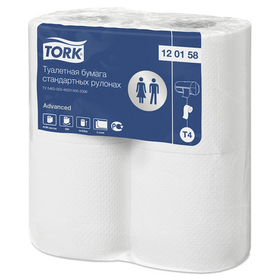Туалетная бумага T4 Tork Advanced в стандартных рулонах, 184 лист., 23мх9,5см, 2 сл., 4 рул., белая