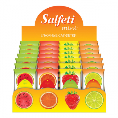 Салфетки Salfeti Mini №15  ассорти 40 шт в шоубоксе (апельсин, клубника, лимон, арбуз)